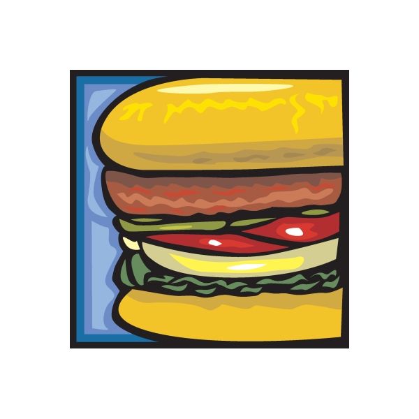 Square hamburger sticker with illustrated bun, patty, lettuce and tomato in bright colors