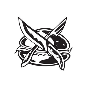 Hamburger decal with crossed knife and fork, black graphic line art