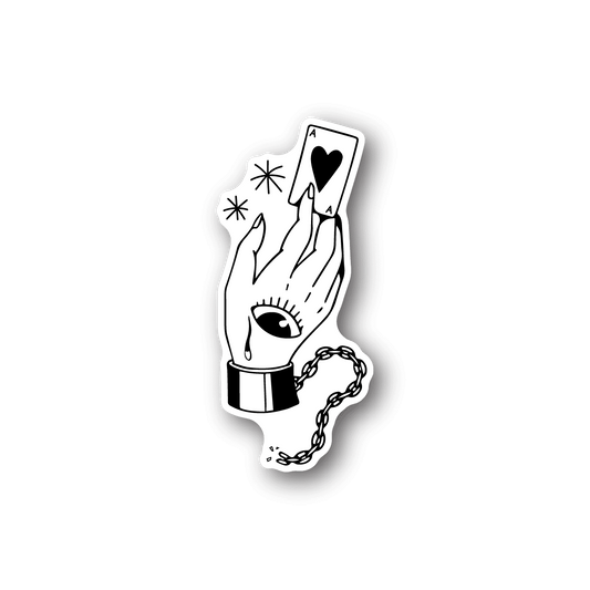 Vinyl sticker of a hand holding an ace card and heart in cuff