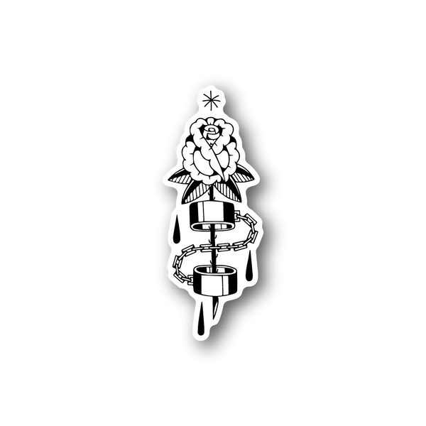 Handcuff and rose vinyl sticker, black and white illustration