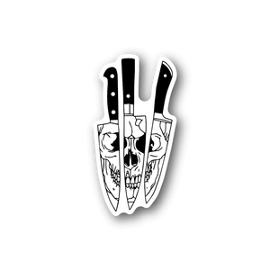 Vinyl sticker with handcuffs and knife blades in white and black graphic