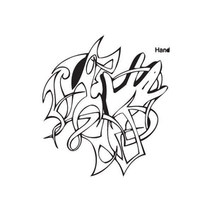 Black graffiti-style decal with stylized letters and Hand text