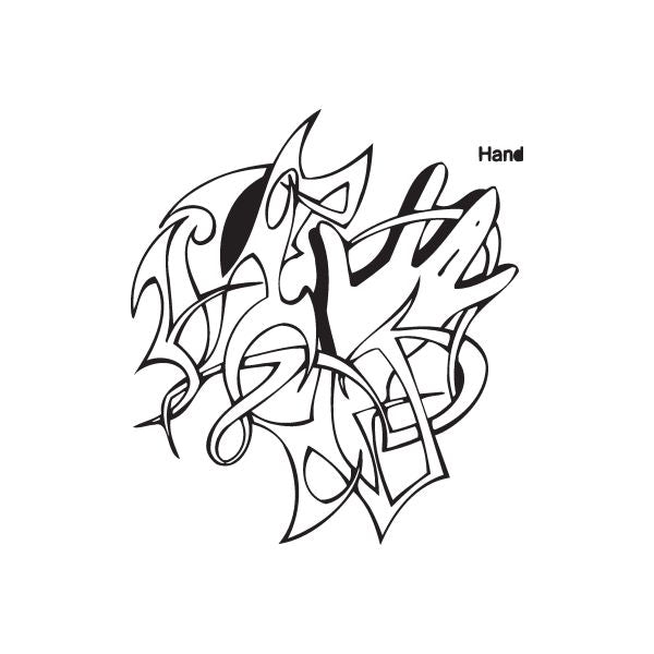 Black graffiti-style decal with stylized letters and Hand text