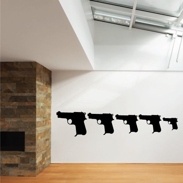 Handgun family wall decal kit with five handgun silhouettes in a line