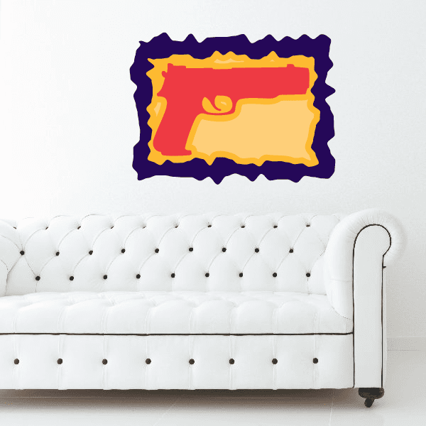 Handgun sticker with purple border and yellow, red handgun illustration