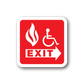 Fire exit accessibility sticker, red sign with flame, wheelchair icon, and EXIT arrow