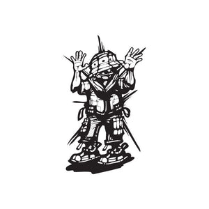 Graffiti soldier decal with hands raised, black cartoon character illustration