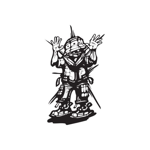 Graffiti soldier decal with hands raised, black cartoon character illustration
