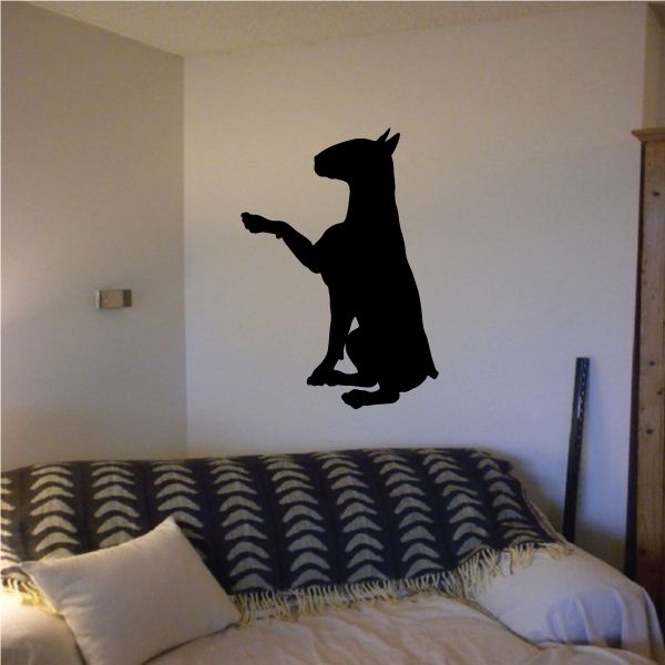 Black bull terrier handshake wall decal, seated dog silhouette with raised paw