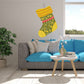 Green printed stocking decal with red zigzag top and yellow circle accents, die-cut