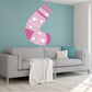 Hanging pink stocking wall decal with white stars and striped top border