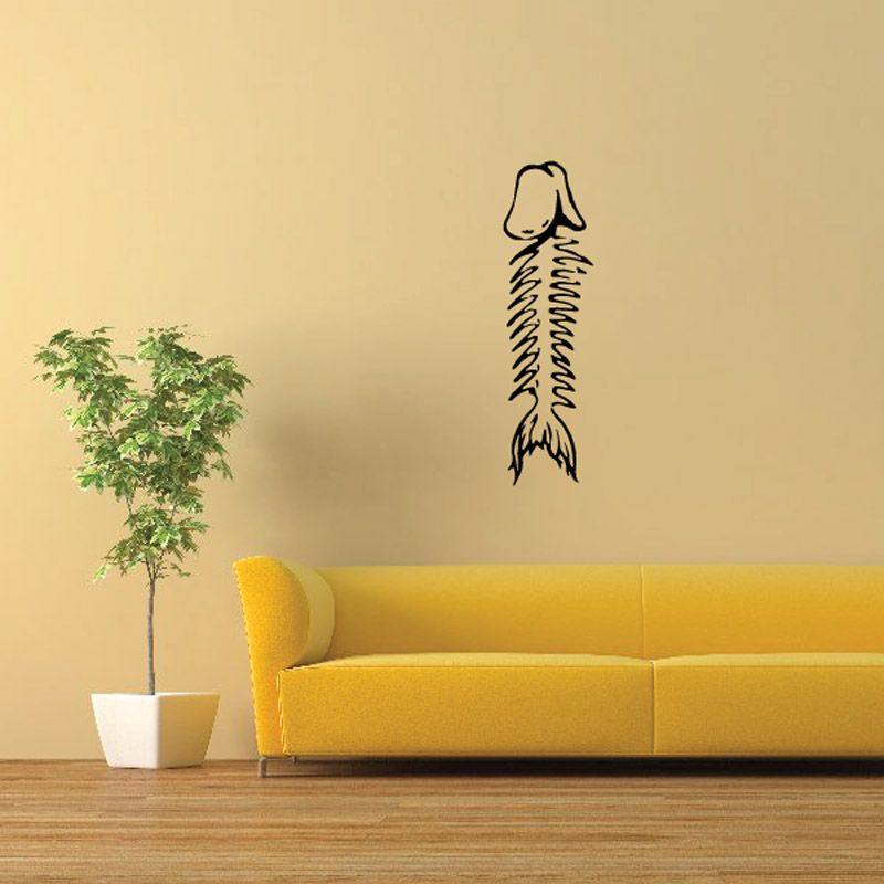 Hanging skeleton fish decal, black line art fish with dangling spine
