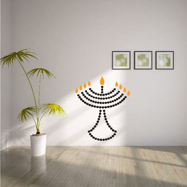Beaded-style Hanukkah menorah wall decal with nine candle flames and black base