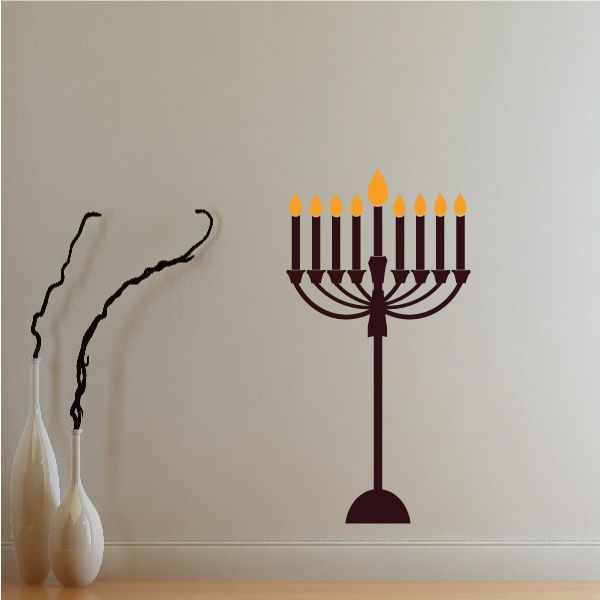 Hanukkah menorah stand decal with nine candles and orange flames on a dark base