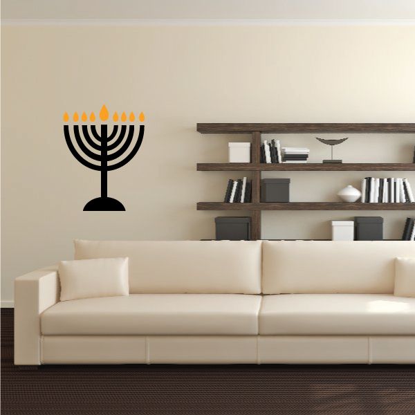 Hanukkah menorah wall decal with black menorah and orange candle flames