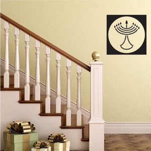 Square menorah wall decal with black background and cream circle with menorah lines.