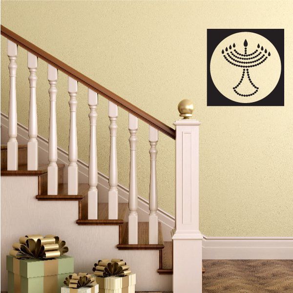 Square menorah wall decal with black background and cream circle with menorah lines.