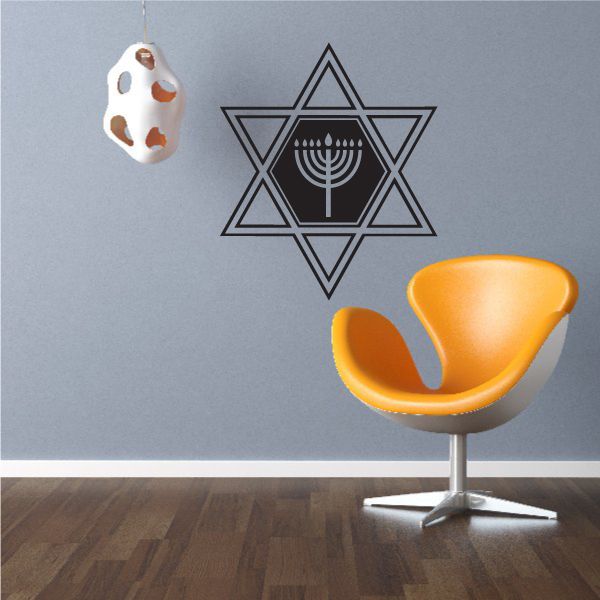 Star of David menorah wall decal with candle flame and menorah lines