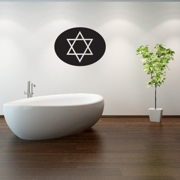 Star of David oval decal, black background with white geometric star design