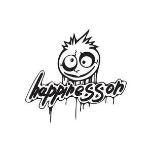 Graffiti decal with cartoon face and Happiness lettering, black outline with drips