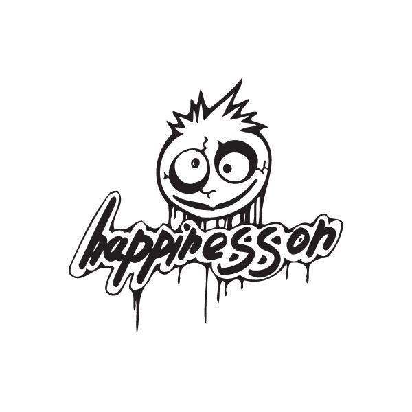 Graffiti decal with cartoon face and Happiness lettering, black outline with drips