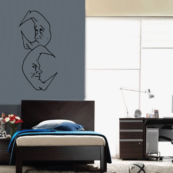 Happy and sad moon wall decal with two outlined moon faces, one smiling and one frowning