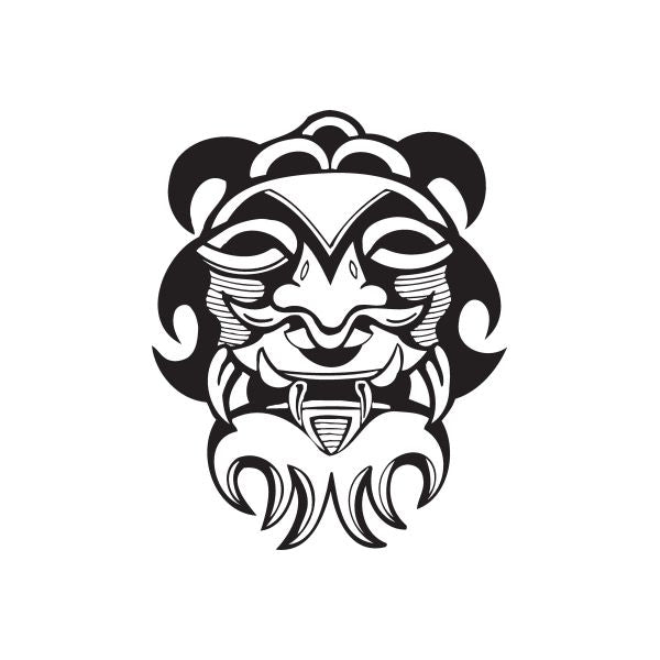 Happy bearded tiki face decal in black-and-white, stylized mask with beard