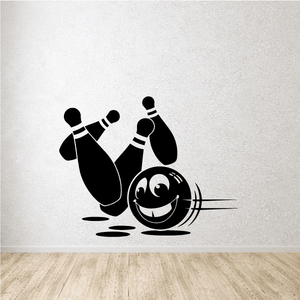 Bowling ball strike decal, black graphic of a bowling ball with smiling face and pins