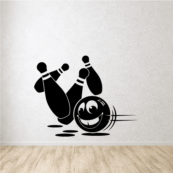 Bowling ball strike decal, black graphic of a bowling ball with smiling face and pins