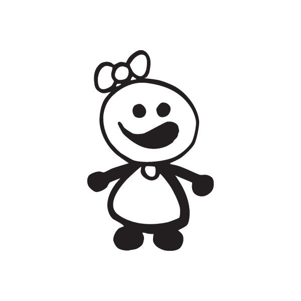 Black cartoon baby character decal with bow on head and smiling face