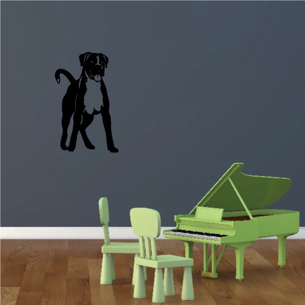 Boxer dog decal, black silhouette of a standing dog with wagging tail.