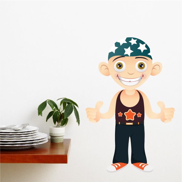 Boy cartoon bandana sticker: green star cap, black overalls, orange shoes.