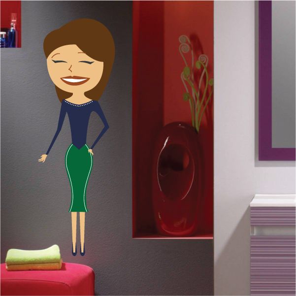 Happy brown-haired mother sticker of smiling cartoon woman in blue top and green dress