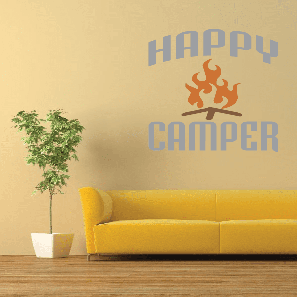 Happy Camper wall sticker with blue text and orange campfire flame graphic