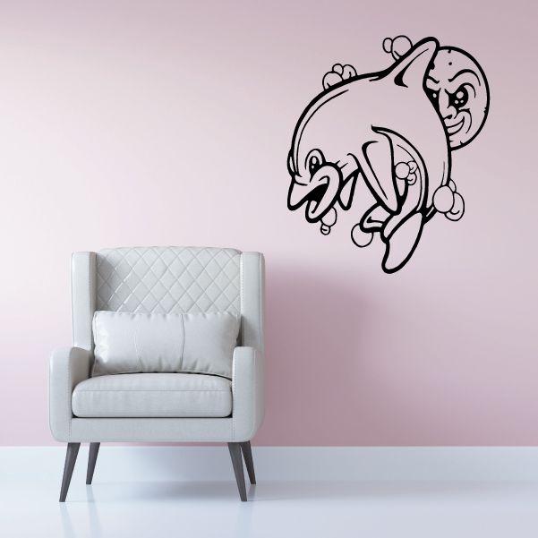 Image of Happy Cartoon Dolphin and Moon Decal