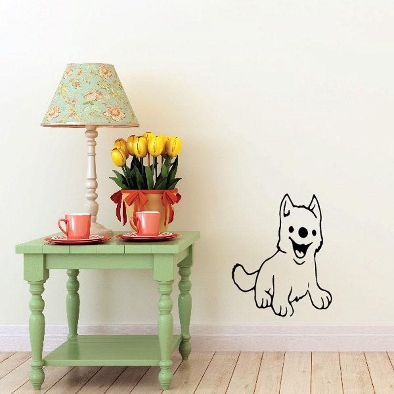 Happy cartoon puppy wall decal, black outline with smiling face and paws