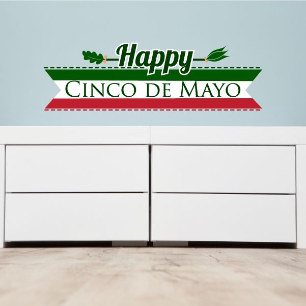 Cinco de Mayo wall decal with 'Happy' banner, green clovers and ribbon, 'CINCO DE MAYO' text