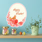 Happy Easter die-cut sticker with chick, pastel dots, and pink flowers, 'Happy Easter!'