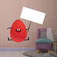 Red cartoon egg sticker holding a blank white sign with black arms and legs
