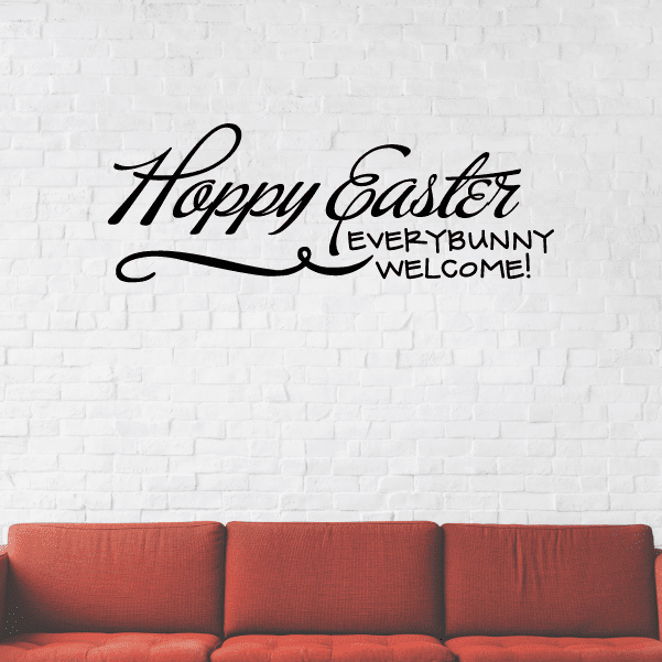 Easter welcome decal: “Happy Easter” and “Everybunny welcome” in black script