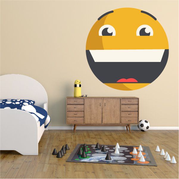 Smiley face vinyl wall decal, yellow face with black outline and wide grin