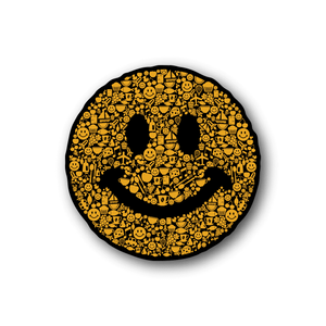 Circular vinyl sticker with smiley-face collage peace symbol in yellow