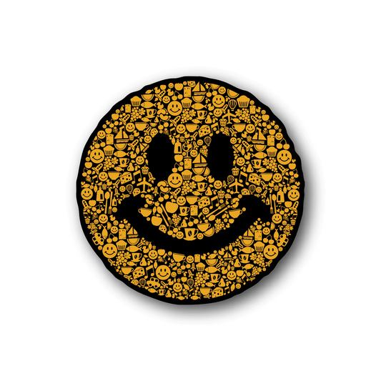 Circular vinyl sticker with smiley-face collage peace symbol in yellow