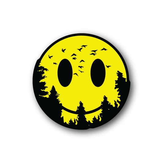 Vinyl sticker: yellow moon face with smile, black bats-like shapes