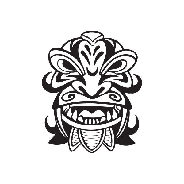 Happy fanged tiki decal, bold black-and-white tribal face with wide grin and teeth