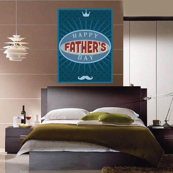 Happy Father’s Day vinyl wall decal, blue square with crown and mustache