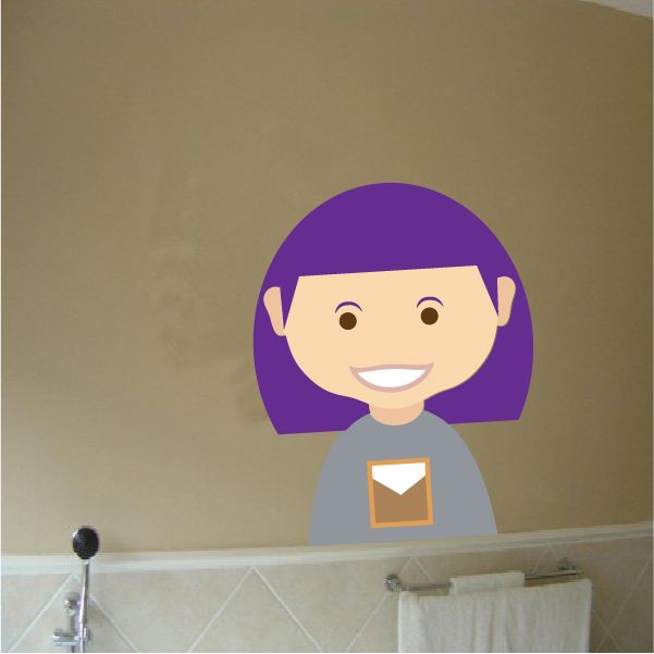 Smiling girl sticker with purple bob hair and gray shirt, rectangular tan chest icon