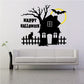 Haunted house wall decal with Happy Halloween text, bats, tree, and fence