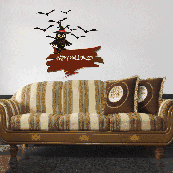 Image of Happy Halloween Owl Scarecrow Printed Die Cut Decal