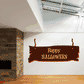 Halloween plank sign sticker, dark brown banner with 'Happy HALLOWEEN' lettering
